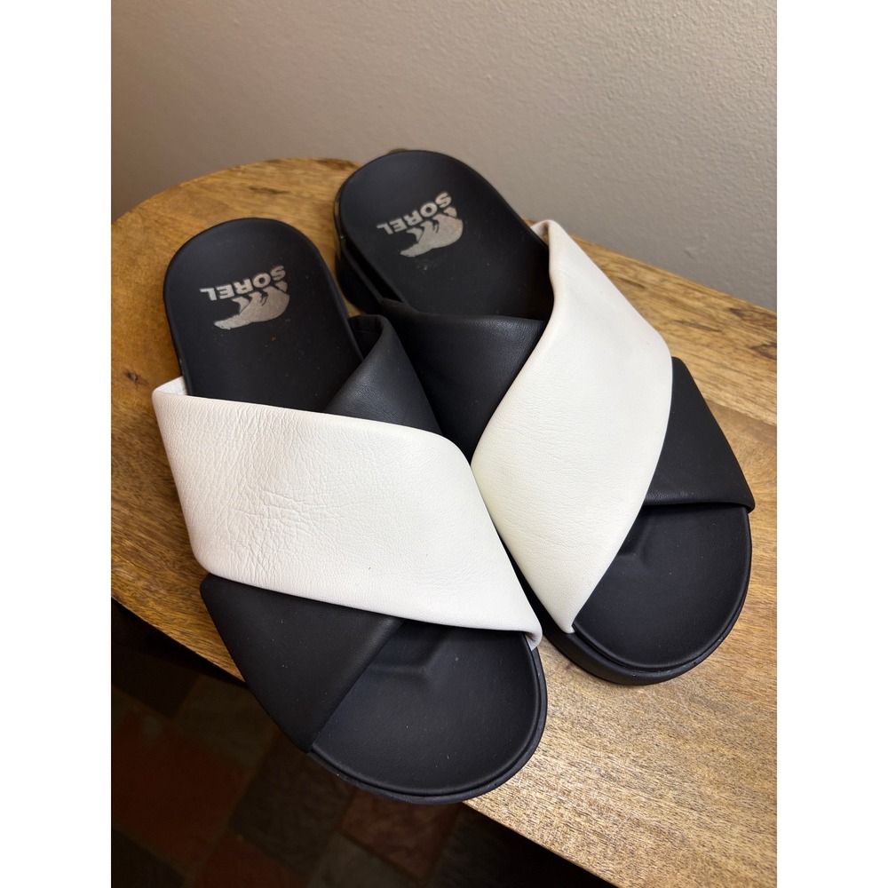 Sorel Roaming Crisscross Slide Sandal Black Leather Platform 10
